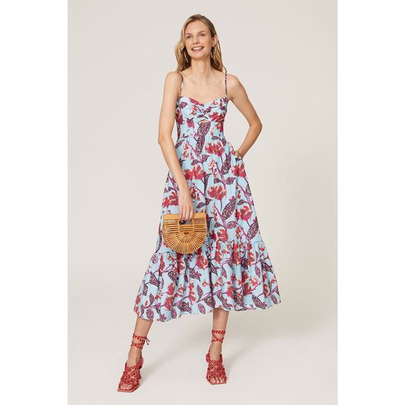 A.L.C. Blue Red Floral Print Sweetheart Neckline Emilia Maxi Dress Size 10 - Picture 1 of 16